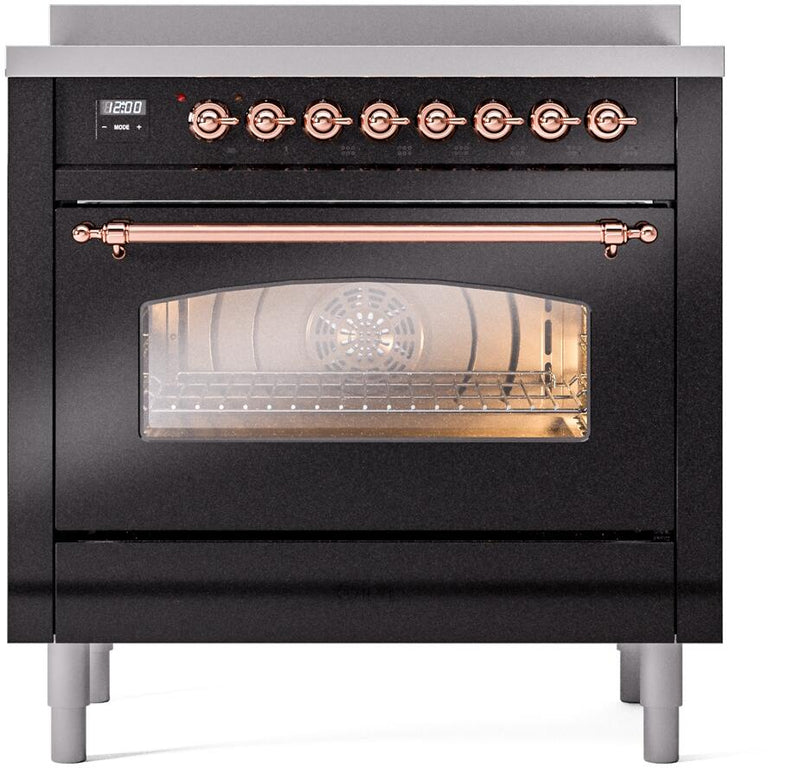 ILVE Nostalgie II 36-Inch Freestanding Electric Induction Range in Glossy Black with Copper Trim (UPI366NMPBKP)