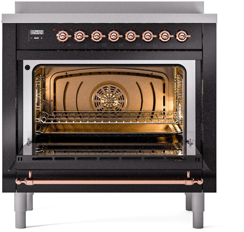 ILVE Nostalgie II 36-Inch Freestanding Electric Induction Range in Glossy Black with Copper Trim (UPI366NMPBKP)