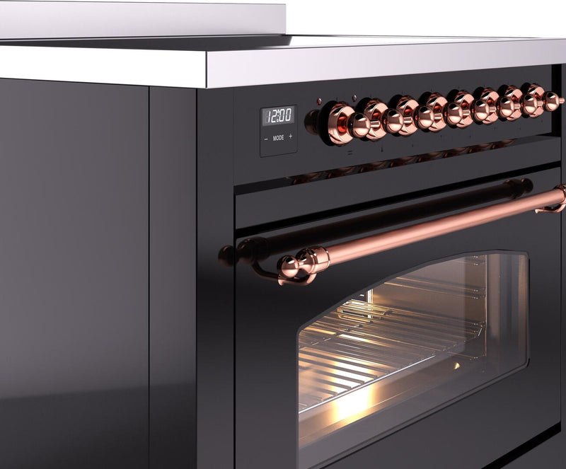 ILVE Nostalgie II 36-Inch Freestanding Electric Induction Range in Glossy Black with Copper Trim (UPI366NMPBKP)