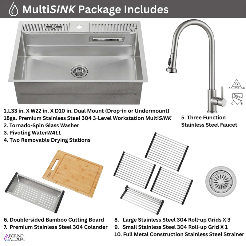 Forno Acqua 33-Inch Drop-In/Undermount 3-Level Workstation Sink with Faucet, Waterfall & Glass Rinser (D-WP30)