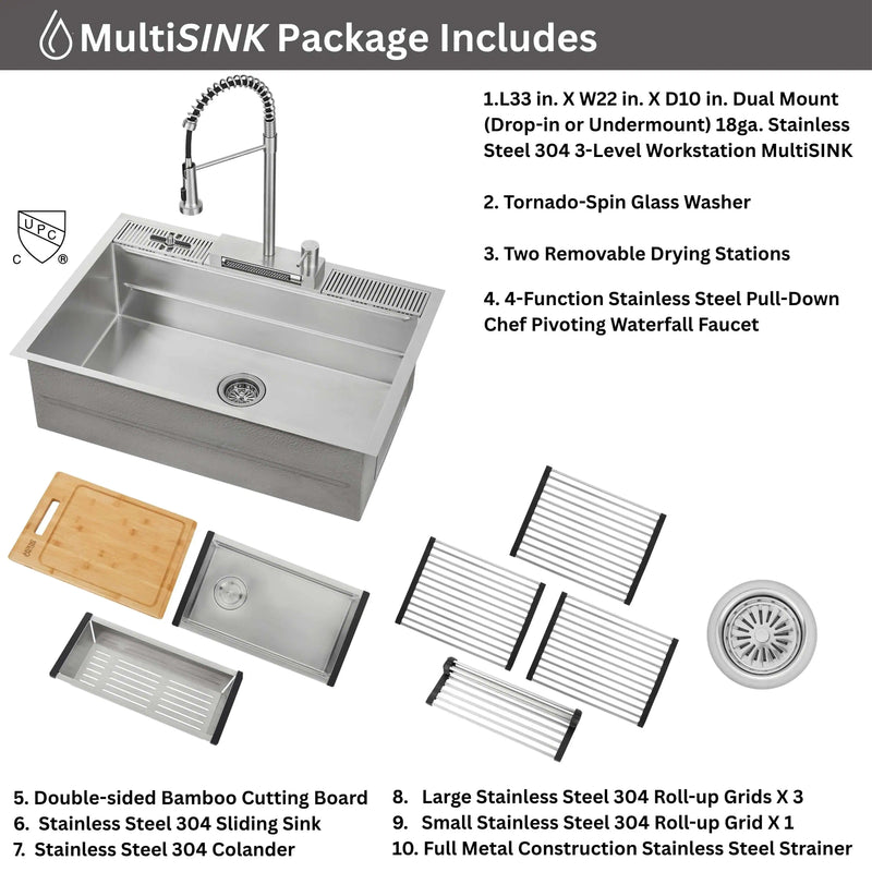 Forno Acqua 33-Inch Drop-In/Undermount 3-Level MultiSINK Workstation Sink with Waterfall Faucet & Glass Rinser (E-XP31)