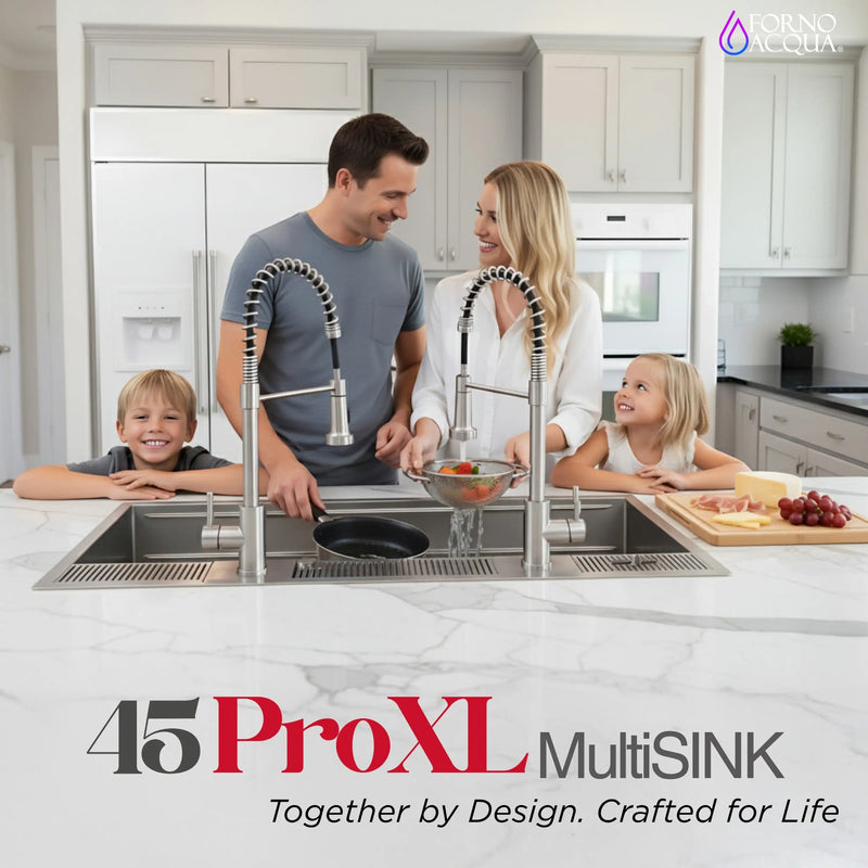 Forno Acqua 45-Inch Drop-In/Undermount 3-Level Workstation Sink with Two Faucets & Glass Rinser (J-WP31)