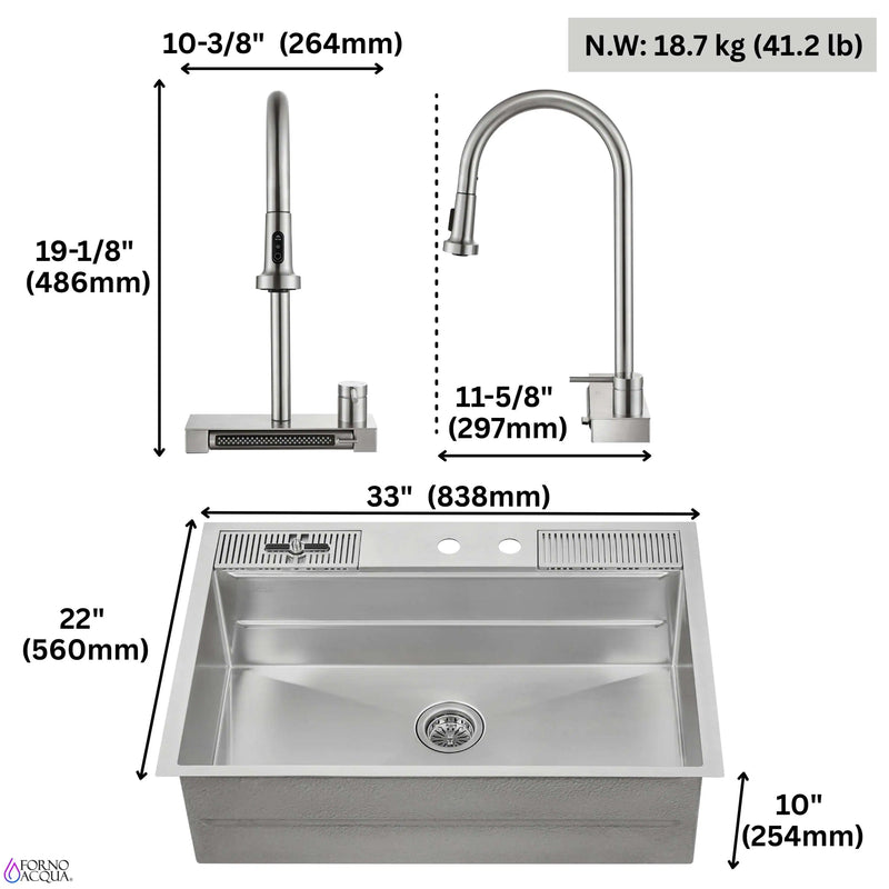 Forno Acqua 33-Inch Drop-In/Undermount MultiSINK Workstation Sink with Waterfall Faucet & Glass Rinser (E-XP30)