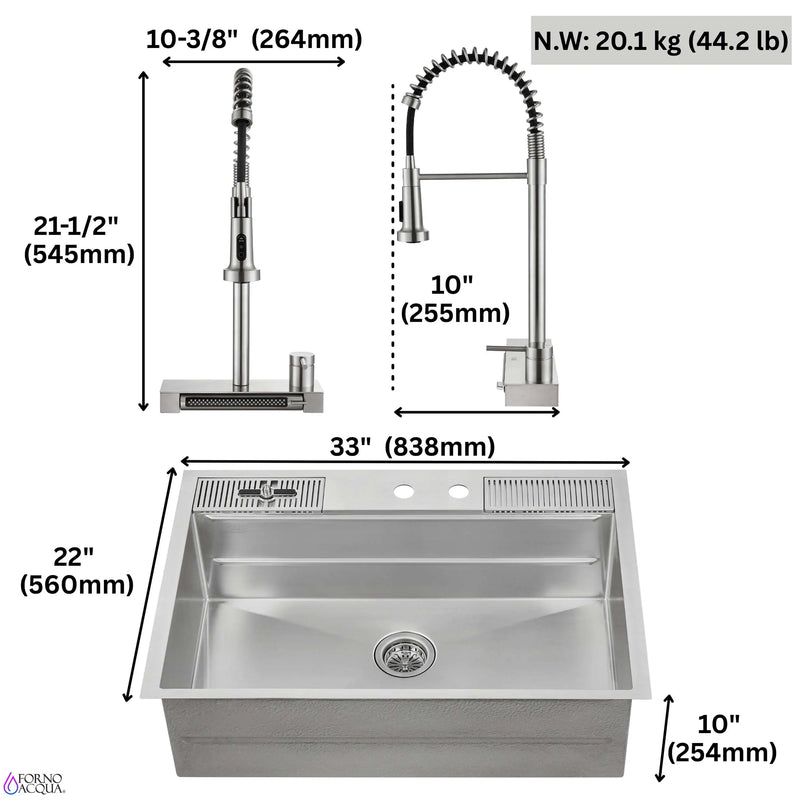 Forno Acqua 33-Inch Drop-In/Undermount 3-Level MultiSINK Workstation Sink with Waterfall Faucet & Glass Rinser (E-XP31)