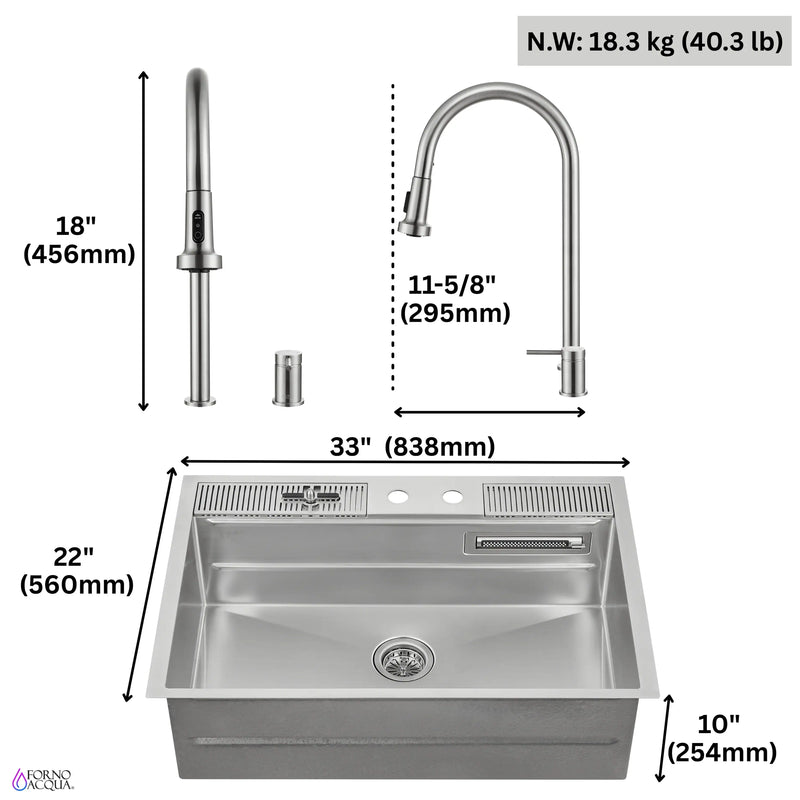 Forno Acqua 33-Inch Drop-In/Undermount 3 Level Workstation Sink with Faucet, Waterfall & Glass Rinser (E-ZP30)