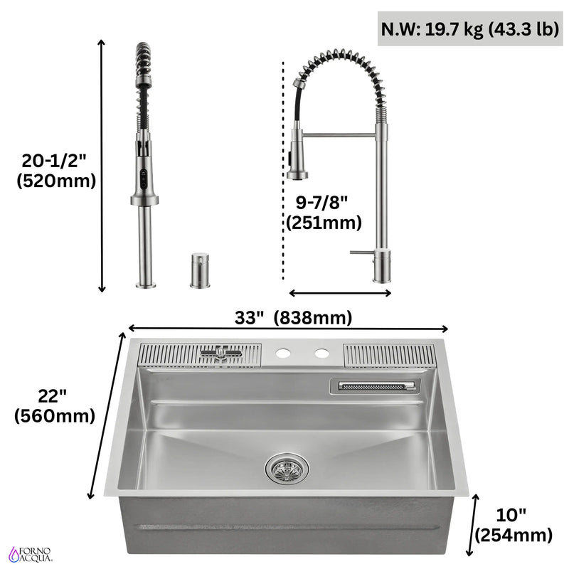 Forno Acqua 33-Inch Drop-In/Undermount 3-Level Workstation Sink with Faucet, Waterfall & Glass Rinser (E-ZP31)