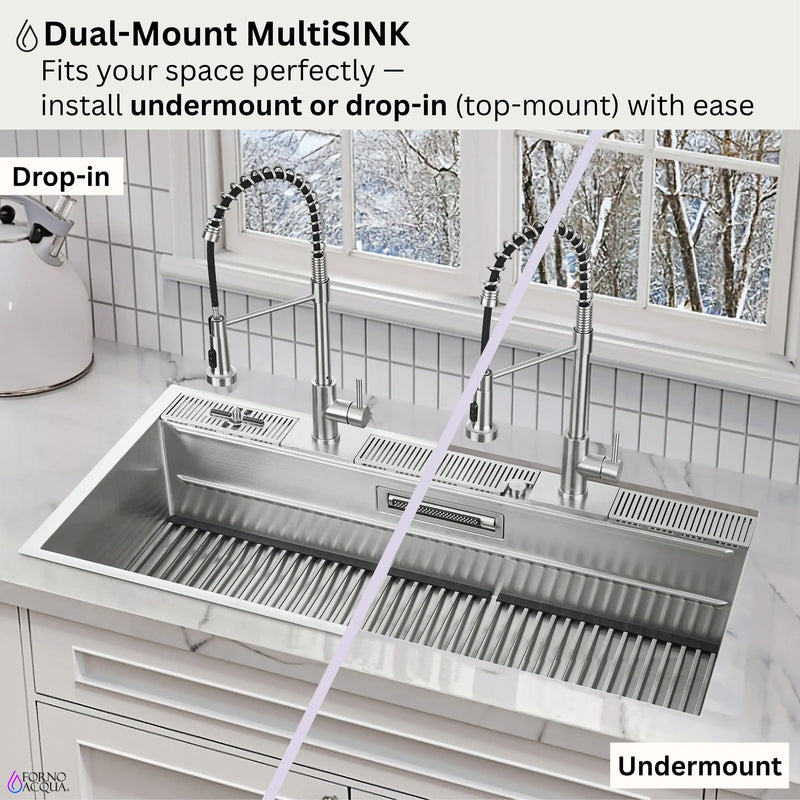 Forno Acqua 45-Inch Drop-In/Undermount 3-Level Workstation Sink with Two Faucets & Glass Rinser (J-WP31)