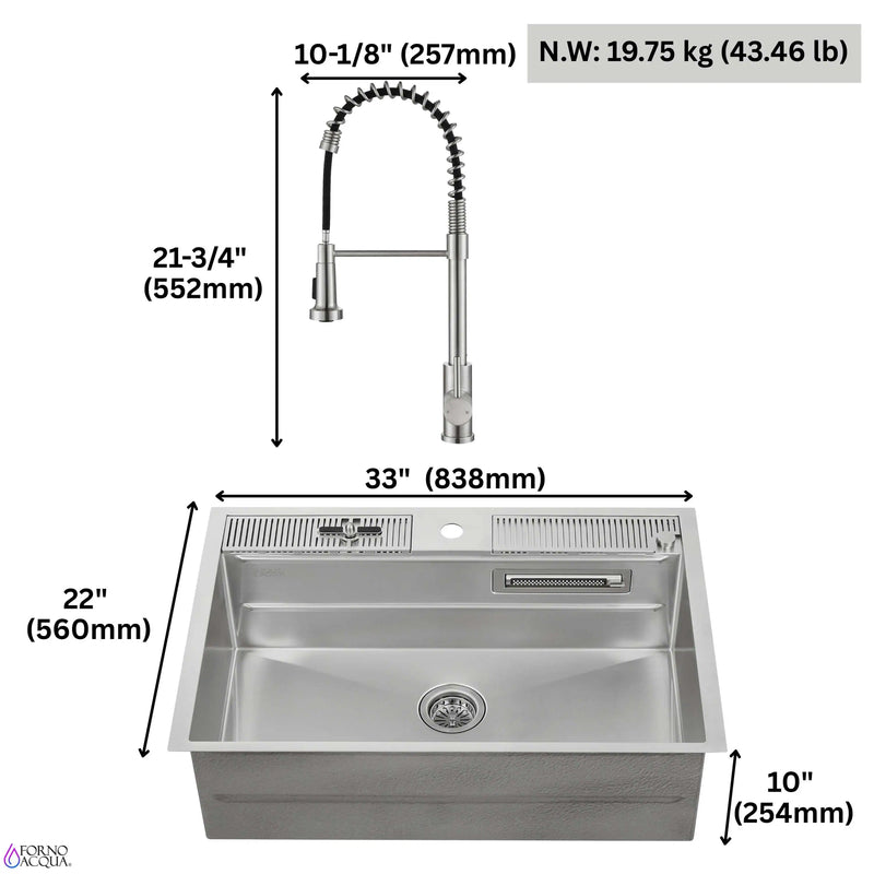 Forno Acqua MultiSink kit with Integrated Waterfall Rinsing and Glass Washing Station. Includes Chef Faucet and Accessories (D-WP31)