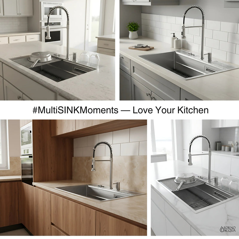 Forno Acqua 33-Inch Drop-In/Undermount 3-Level Workstation Sink with Faucet, Waterfall & Glass Rinser (E-ZP31)