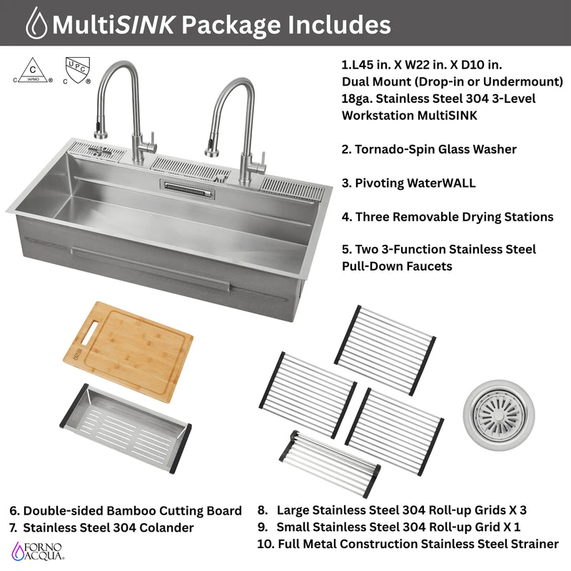 Forno Acqua 45-Inch Drop-In/Undermount 3-Level Workstation Sink with Two Faucets & Glass Rinser (J-WP30)