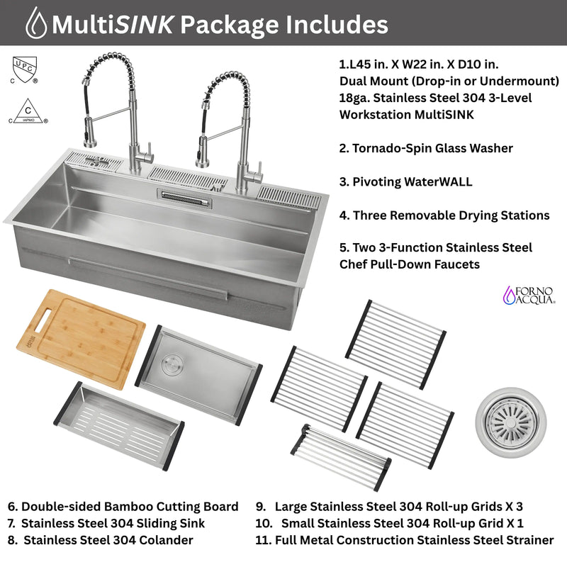 Forno Acqua 45-Inch Drop-In/Undermount 3-Level Workstation Sink with Two Faucets & Glass Rinser (J-WP31)