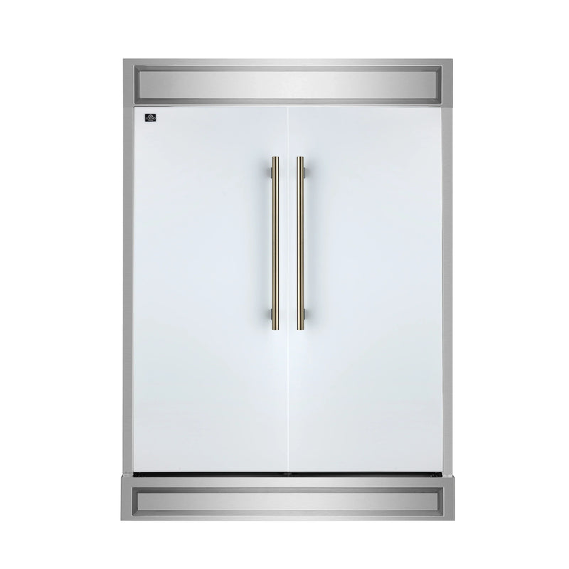 Forno 4-Piece Appliance Package - 36-Inch Gas Range, Wall Mount Range Hood, 60-Inch Built-In Convertible Refrigerator, and Dishwasher in White with Antique Brass Trim