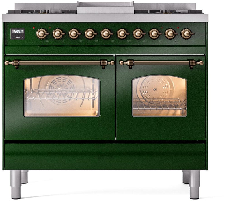 ILVE Nostalgie II 40-Inch Dual Fuel Freestanding Range with Removable Griddle in Emerald Green with Bronze Trim (UPD40FNMPEGB)