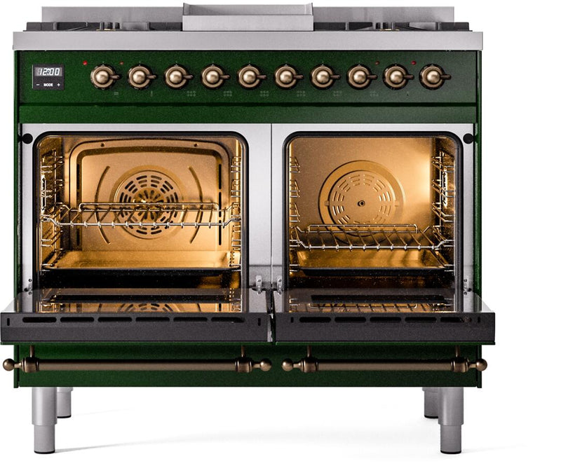 ILVE Nostalgie II 40-Inch Dual Fuel Freestanding Range with Removable Griddle in Emerald Green with Bronze Trim (UPD40FNMPEGB)