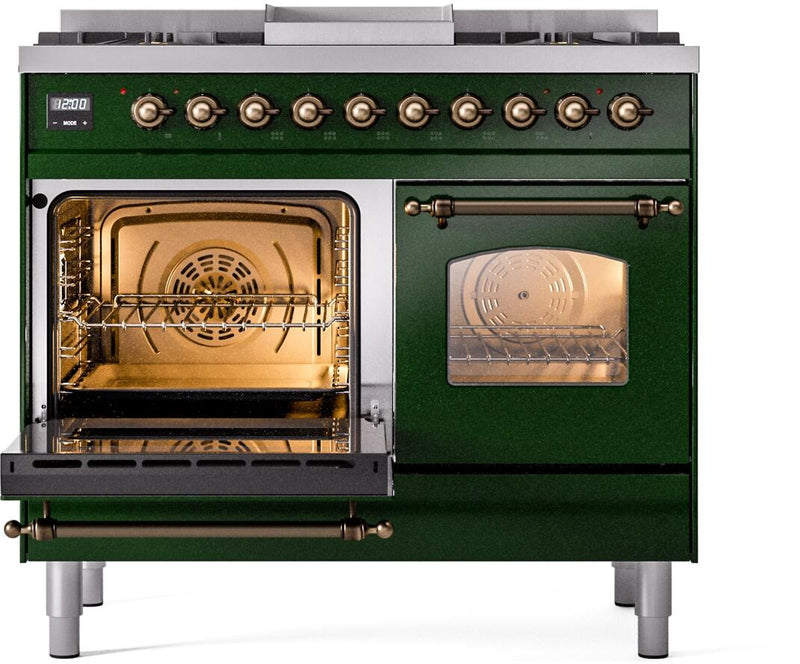 ILVE Nostalgie II 40-Inch Dual Fuel Freestanding Range with Removable Griddle in Emerald Green with Bronze Trim (UPD40FNMPEGB)