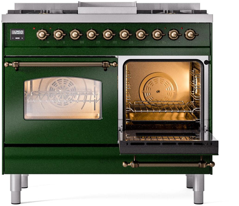 ILVE Nostalgie II 40-Inch Dual Fuel Freestanding Range with Removable Griddle in Emerald Green with Bronze Trim (UPD40FNMPEGB)