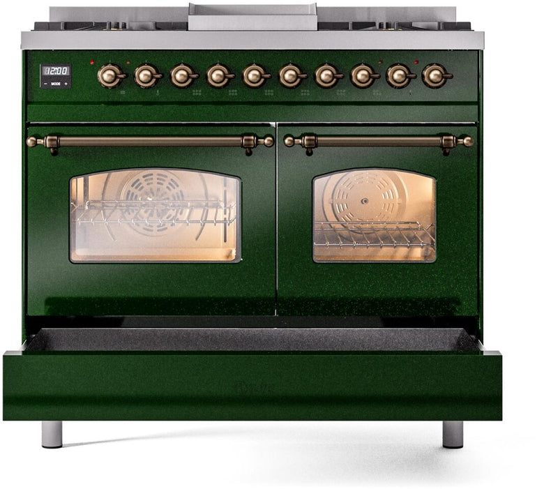 ILVE Nostalgie II 40-Inch Dual Fuel Freestanding Range with Removable Griddle in Emerald Green with Bronze Trim (UPD40FNMPEGB)