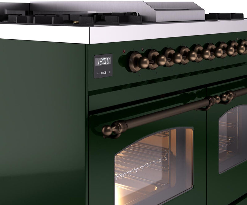 ILVE Nostalgie II 40-Inch Dual Fuel Freestanding Range with Removable Griddle in Emerald Green with Bronze Trim (UPD40FNMPEGB)