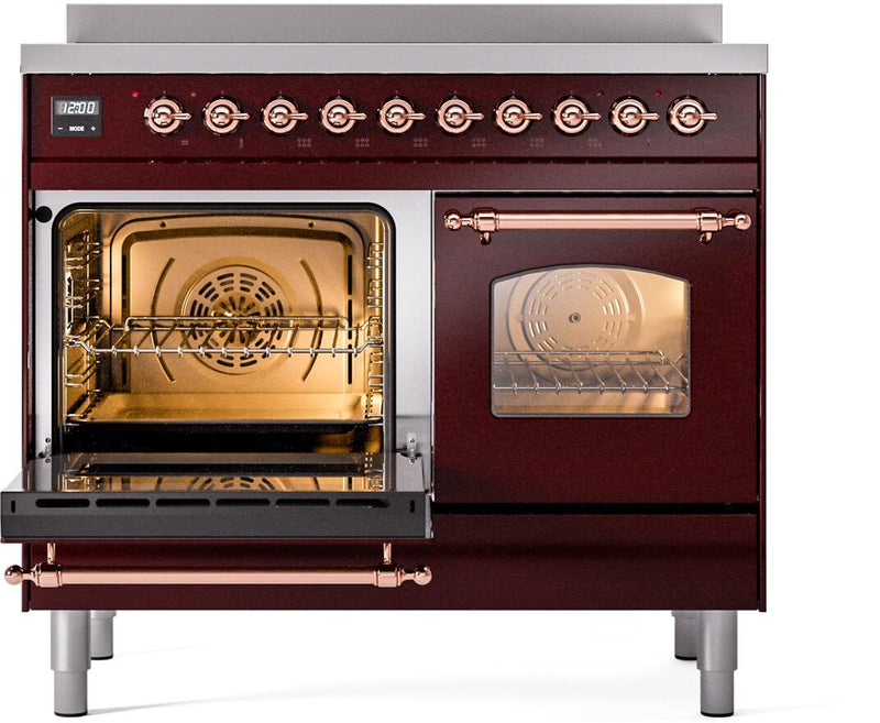 ILVE Nostalgie II 40-Inch Freestanding Electric Induction Range in Burgundy with Copper Trim (UPDI406NMPBUP)