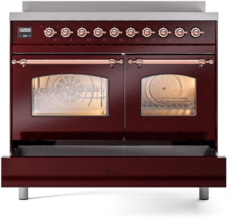 ILVE Nostalgie II 40-Inch Freestanding Electric Induction Range in Burgundy with Copper Trim (UPDI406NMPBUP)