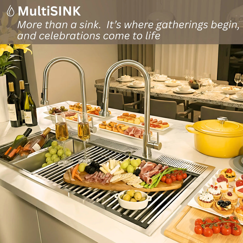 Forno Acqua 33-Inch Drop-In/Undermount 3-Level Workstation Sink with Faucet, Waterfall & Glass Rinser (D-WP30)