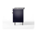 Midnight blue side view of dual fuel range cabinet with rear fittings and legs
