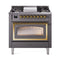 ILVE Nostalgie II Noblesse 36-Inch 3.5 Cu. Ft. Natural Gas Dual Fuel Range with 6 Burners, Griddle and Triple Glass Door in Matte Graphite with Brass Trim (UN36FNMPMGG)