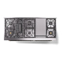 Midnight blue cooktop base with four burner grates and center section cover