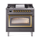Matte graphite dual fuel gas range with brass trim, triple-pane oven window and six burners