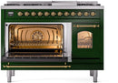 ILVE Nostalgie II 48-Inch Dual Fuel Freestanding Range with Removable Griddle in Emerald Green with Brass Trim (UP48FNMPEGG)