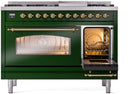 ILVE Nostalgie II 48-Inch Dual Fuel Freestanding Range with Removable Griddle in Emerald Green with Brass Trim (UP48FNMPEGG)