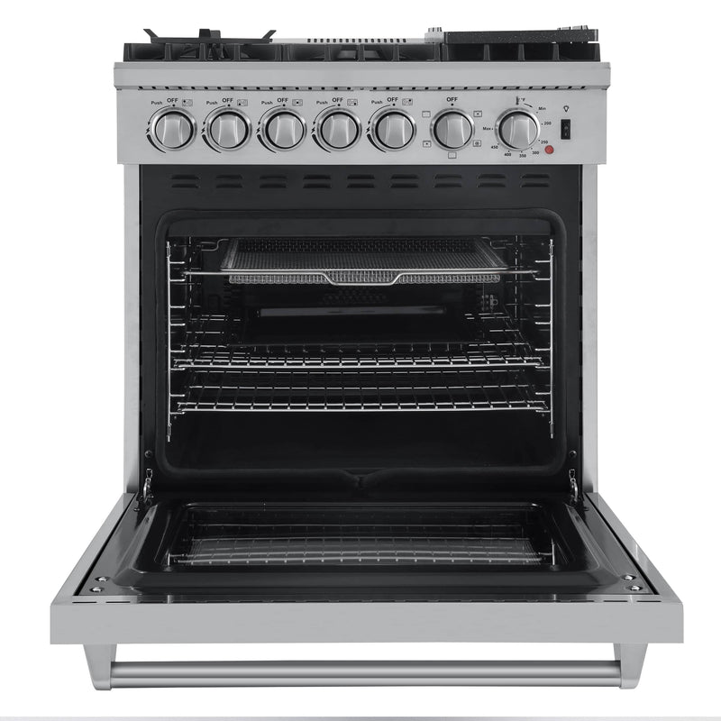 Forno 5-Piece Appliance Package - 30-Inch Dual Fuel Range with Air Fryer, Refrigerator with Water Dispenser, Wall Mount Hood, Microwave Drawer, & 3-Rack Dishwasher in Stainless Steel