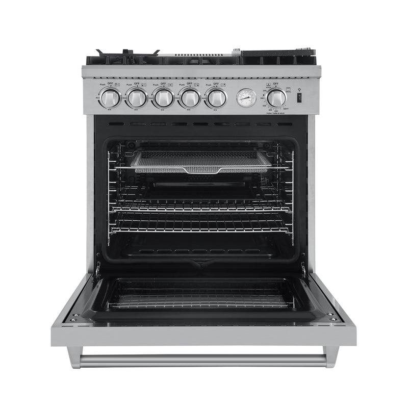 Forno 4-Piece Appliance Package - 30-Inch Gas Range with Air Fryer, Refrigerator with Water Dispenser, Wall Mount Hood, & 3-Rack Dishwasher in Stainless Steel