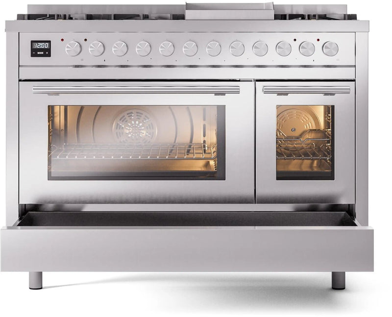 ILVE 48-Inch Professional Plus II Freestanding Dual Fuel Range with 8 Sealed Burner and Removable Griddle in Stainless Steel (UP48FWMPSS)