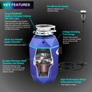 Forno Acqua BrightDiamond Amethyst 3/4HP Super Quiet Garbage Disposal Corded with Motion Sensor Cabinet Light & Pre-Wired Air Switch (WDD075TA1AM)
