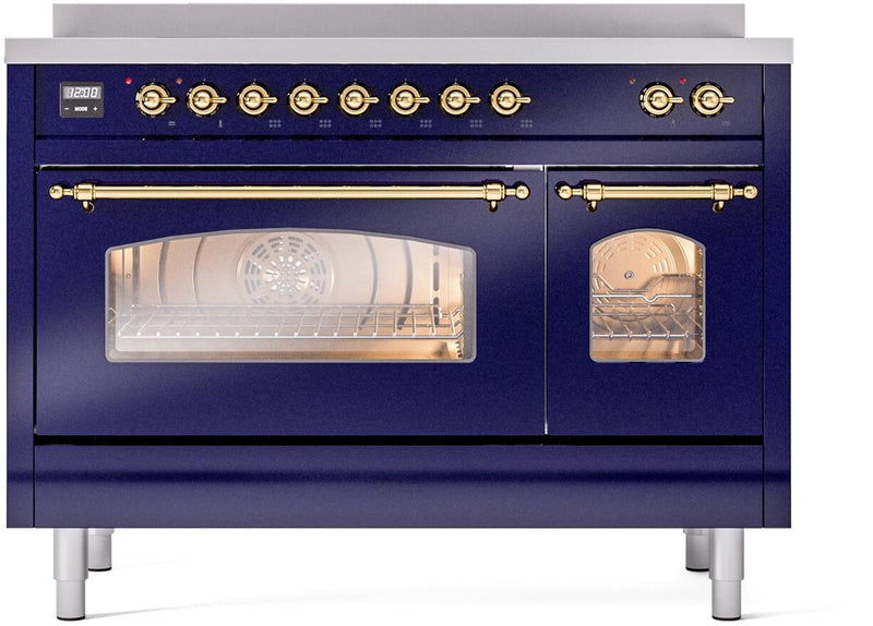 ILVE Nostalgie II 48-Inch Freestanding Electric Induction Range in Midnight Blue with Brass Trim (UPI486NMPMBG)