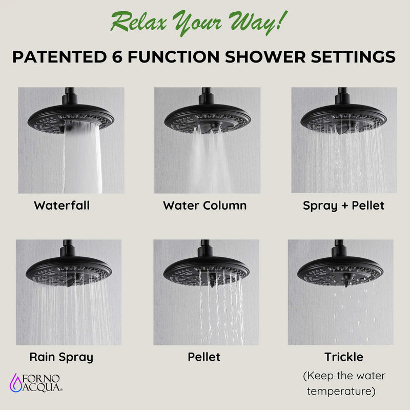 Forno AcquaSpa Retrofit 8-Inch Overhead Rainfall Shower with 2.5 GPM Flow Rate, Handheld, Body Jets, 6 Way Diverter in Matte Black (SC32BK-C2)