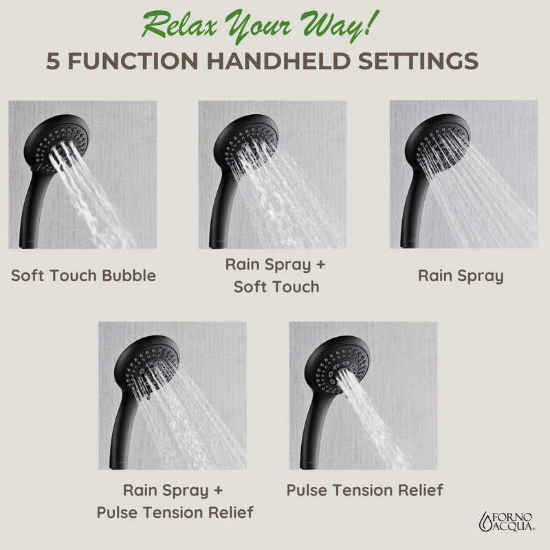 Forno AcquaSpa Retrofit 8-Inch Overhead Rainfall Shower with 2.5 GPM Flow Rate, Handheld, Body Jets, 6 Way Diverter in Matte Black (SC32BK-C2)