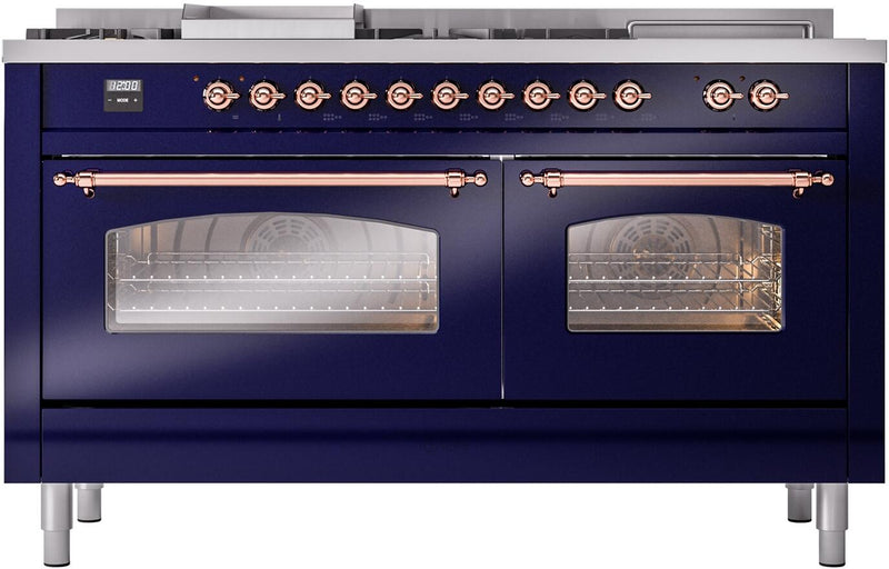 ILVE Nostalgie II 60-Inch Dual Fuel Freestanding Range with Removable Griddle in Midnight Blue with Copper Trim (UP60FSNMPMBP)