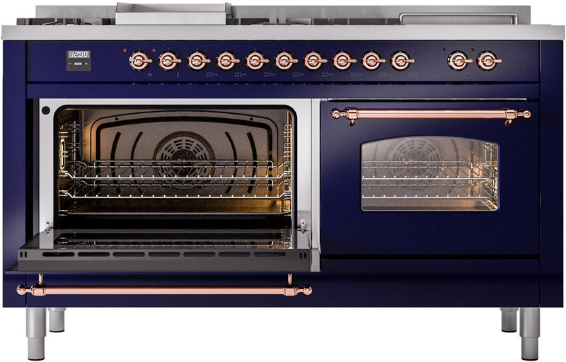 ILVE Nostalgie II 60-Inch Dual Fuel Freestanding Range with Removable Griddle in Midnight Blue with Copper Trim (UP60FSNMPMBP)