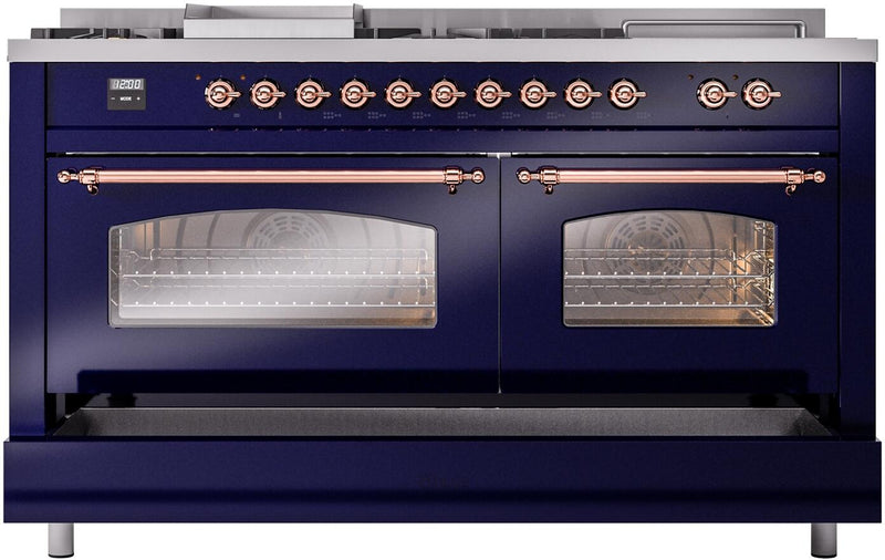 ILVE Nostalgie II 60-Inch Dual Fuel Freestanding Range with Removable Griddle in Midnight Blue with Copper Trim (UP60FSNMPMBP)