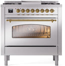 ILVE Nostalgie II 36-Inch Dual Fuel Freestanding Range with Removable Griddle in Stainless Steel with Brass Trim (UP36FNMPSSG)