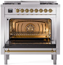 ILVE Nostalgie II 36-Inch Dual Fuel Freestanding Range with Removable Griddle in Stainless Steel with Brass Trim (UP36FNMPSSG)