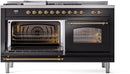 ILVE Nostalgie II 60-Inch Dual Fuel Freestanding Range with Removable Griddle in Glossy Black with Brass Trim (UP60FSNMPBKG)