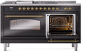 ILVE Nostalgie II 60-Inch Dual Fuel Freestanding Range with Removable Griddle in Glossy Black with Brass Trim (UP60FSNMPBKG)