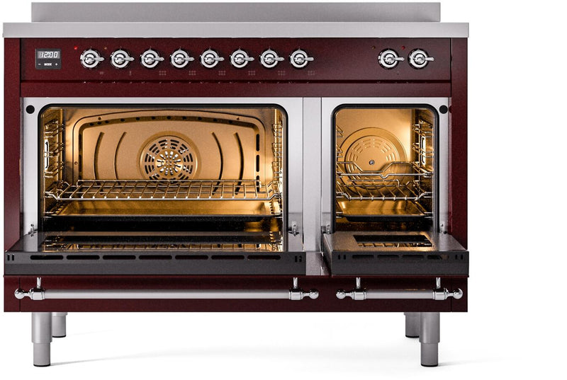 ILVE Nostalgie II 48-Inch Freestanding Electric Induction Range in Burgundy with Chrome Trim (UPI486NMPBUC)