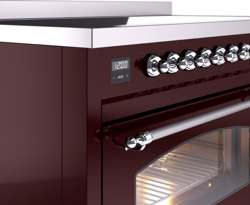 ILVE Nostalgie II 48-Inch Freestanding Electric Induction Range in Burgundy with Chrome Trim (UPI486NMPBUC)