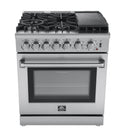 Forno 5-Piece Appliance Package - 30-Inch Dual Fuel Range with Air Fryer, Refrigerator, Wall Mount Hood, 24-Inch Microwave Oven, & 3-Rack Dishwasher in Stainless Steel