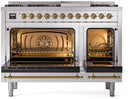 ILVE Nostalgie II 48-Inch Dual Fuel Freestanding Range with Removable Griddle in Stainless Steel with Brass Trim (UP48FNMPSSG)