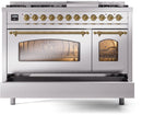 ILVE Nostalgie II 48-Inch Dual Fuel Freestanding Range with Removable Griddle in Stainless Steel with Brass Trim (UP48FNMPSSG)